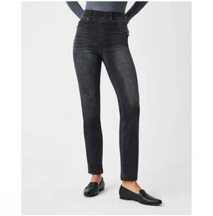 Spanx Jeans Womens Small Petite Vintage Black Straight Leg Pull On Stretch Denim